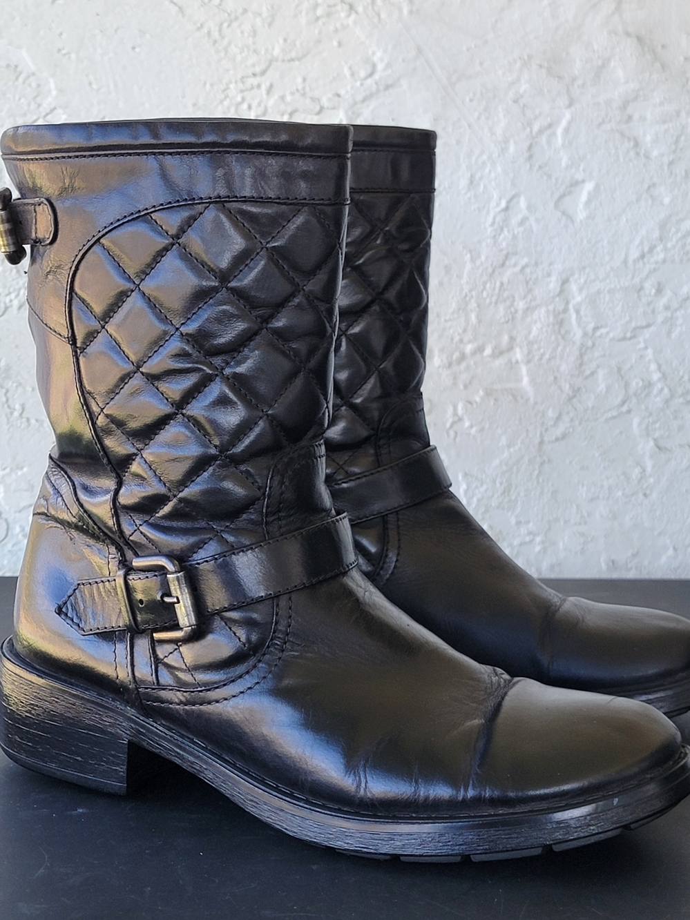 AQUATALIA MADE ITALY 8 SOFT BLACK LEATHER Boots QUILTED BUCKLE BIKER